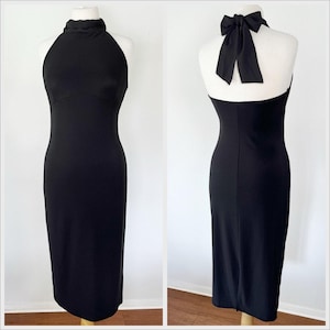 Vintage 90s Black Slinky Halter Midi Bodycon Dress Neck Scarf LBD Turtleneck Formal by Necessary Objects // Size Medium