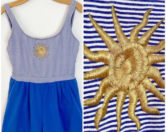 Vintage 90er Jahre 60er Jahre Damen Badeanzug One Piece Blue Sun Nautical Shorts Playsuit Strampler von Sirena // Size XL 16