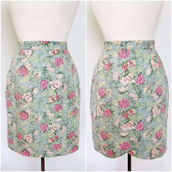 Vintage 90s Laura Ashley Green Pink Rose Floral Mini Pencil Skirt // Size US 8 UK 12 Small