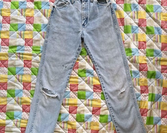 Vintage 80s / 90s Wrangler High Rise Light Wash Denim Jeans Distressed Cut Off Raw Straight Leg // Size 24 XS