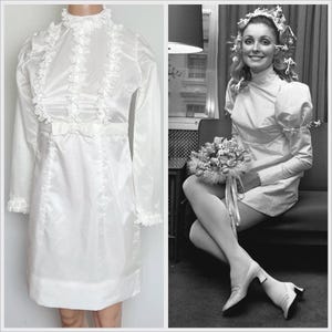 Vintage 60s White Swiss Dot Mini Hochzeit Brautschmuck Langarm Kleid // Gr. XS
