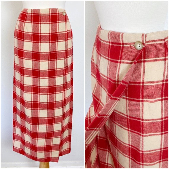 Vintage 90s DKNY Donna Karan Wrap Skirt Red Cream Plaid Tartan - Etsy