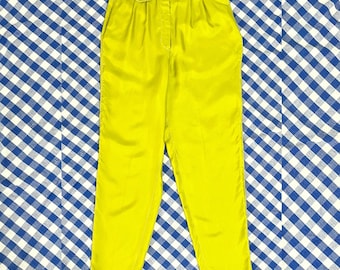 Pantalon fuselé vintage des années 90 en soie chartreuse verte taille haute taille haute par Diane Gilman//Taille 8 Medium