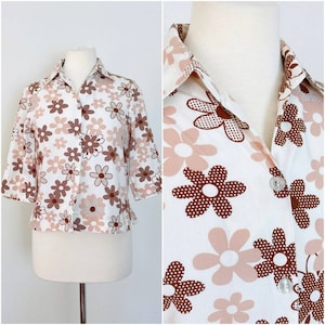 Vintage Womens 90s Does 70s Brown Flower Power Pop Art Mod Long Sleeve Button Down Blouse Top // Size Small