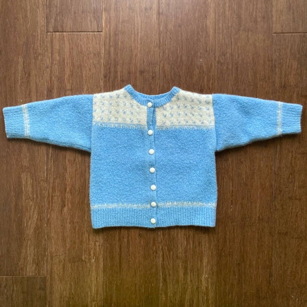 vintage années 60 Enfants Bleu Blanc Bouilli Laine Cardigan Kennedy Pull // Taille 2T