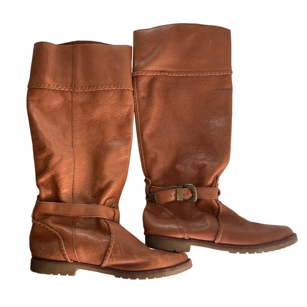 Vintage 70s / 80s Womens Brown Camel Leather Knee High Riding Boots by Town & Country // Size 7.5