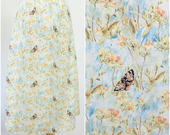 Vintage 90s Womens Butterfly Floral Midi Skirt // Cotton Elastic Waist Blue Green // Size M or L