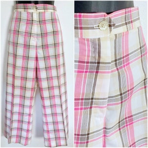 Vintage 70s Womens Pink Plaid Tartan High Rise Wide Leg Flare Pants Trousers by Prestige of Boston // Size 10 Medium