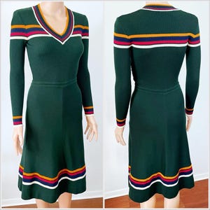 Vintage 70s Crissa Linea Italiana Green Striped Wool Dress Long Sleeve Midi V Neck Italian Knit // Size XS