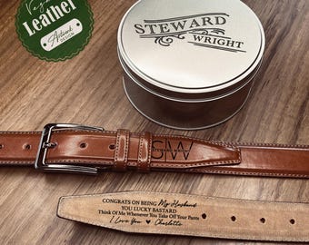 Personalized Vegan Leather Mens Belt - Engraved Gift Set for Husband, Boyfriend