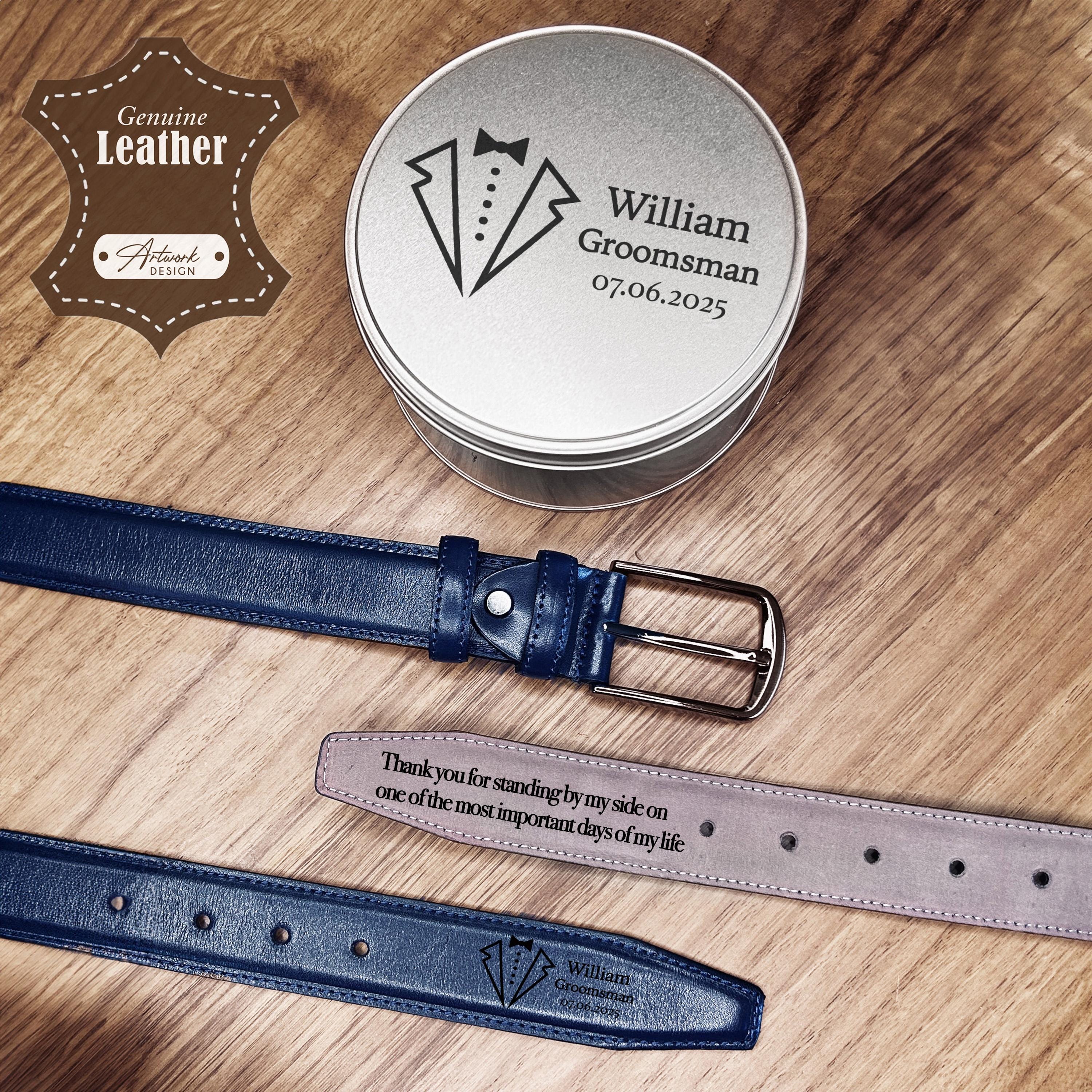PERSONALIZED GROOMSMAN GIFT, Genuine Leather Mens Belt, Best Men Gift, Engraved Leather Belt, Gift for Husband, Wedding Gift Set For Groom