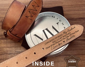 PERSONALIZED WEDDING GIFT - Monogrammed Leather Mens Belt with Tin - Groomsman Gift for Him, Boyfriend
