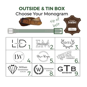 May include: A light brown leather belt with a silver buckle and a folded tip. The image includes options for monogram customization, with text reading "OUTSIDE & TIN BOX Choose Your Monogram" and "Genuine Leather".
