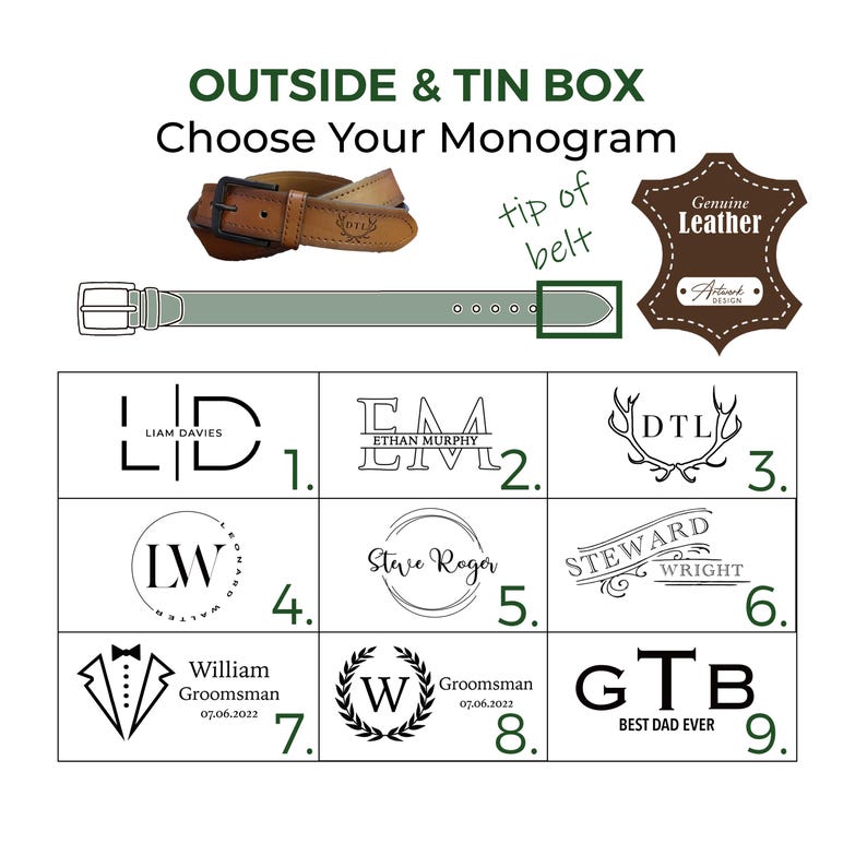 May include: A light brown leather belt with a silver buckle and a folded tip. The image includes options for monogram customization, with text reading "OUTSIDE & TIN BOX Choose Your Monogram" and "Genuine Leather".