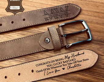 Gekke leren riem met gepersonaliseerde blikken doos / gegraveerd cadeau voor vriend, getuige, bruidsjonkers, bruiloft