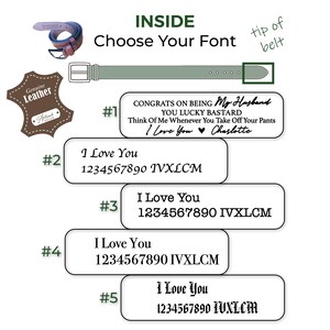 May include: A light green leather belt with a silver buckle. The image shows options for personalized text, including "I Love You" and other phrases. The text options are displayed in various fonts. The belt is labeled "Genuine Leather."
