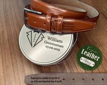 Personalized Vegan Leather Man Belt / BestMan Gift Set with Tin Box