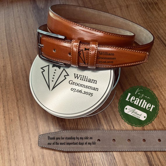 Personalized Vegan Leather Man Belt: Bestman Gift Set With Tin Box