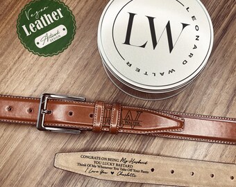 Engraved Vegan Leather Mens Belt - Groomsman Gift Set with Tin Box