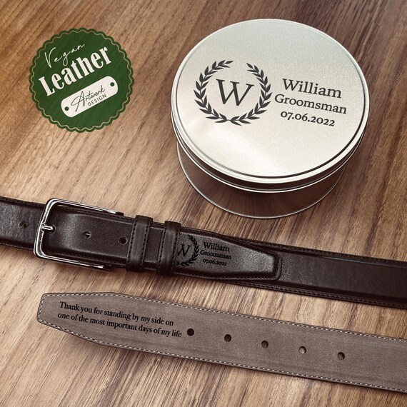 Personalized Vegan Leather Belt: Engraved Groomsmen Gift UK