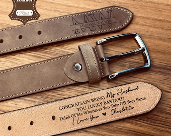 Engraved Leather Man Belt with Personalized Tin, Groomsman Gift Set, Secret Message Men Accessories