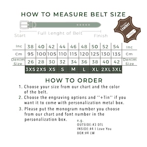 May include: A diagram with instructions on how to measure belt size, including inches and centimeters. The chart shows denim sizes and belt sizes from 38 to 54 inches (95 to 135 cm). Instructions on how to order are also included.