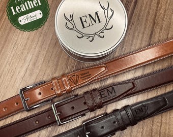 Men’s Vegan Leather Suit Belt Set / Custom Name Belts & Tin / Personalized Stylish Present