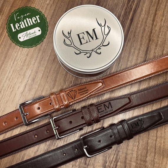Men's Vegan Leather Belt Set Custom Name Belt Gift Tin