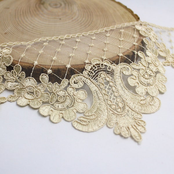 120mm(4,7inch)gold color edging lace trim /Gold lace border/Tulle lace/Embroidered lace/Guipure lace/Lace edging/Lace by the yard/Wide lace