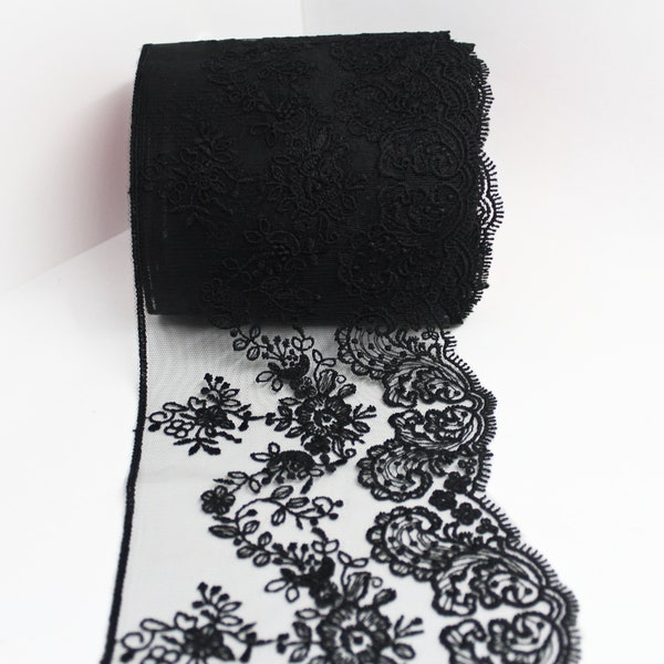 140mm black and white edging lace trim/5,5 inch lace fabric/Tulle lace/Embroidered lace/Guipure lace/French Lace/Wide lace/Retro Lace