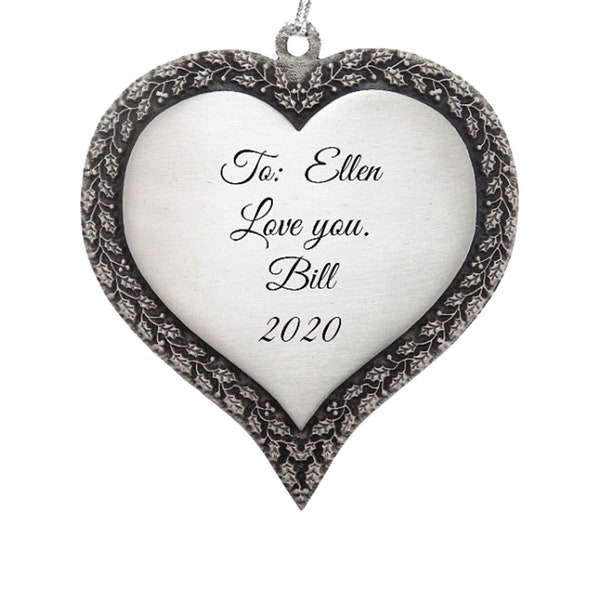 Holly Heart Pewter Ornament Personalized Engraving Made in USA