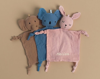 Personalized Baby Lovey, Muslin Comforter, Embroidered Name, Animal Design