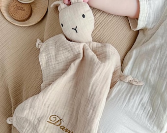 Personalized Baby Lovey, Muslin Bunny Comforter, Embroidered Name