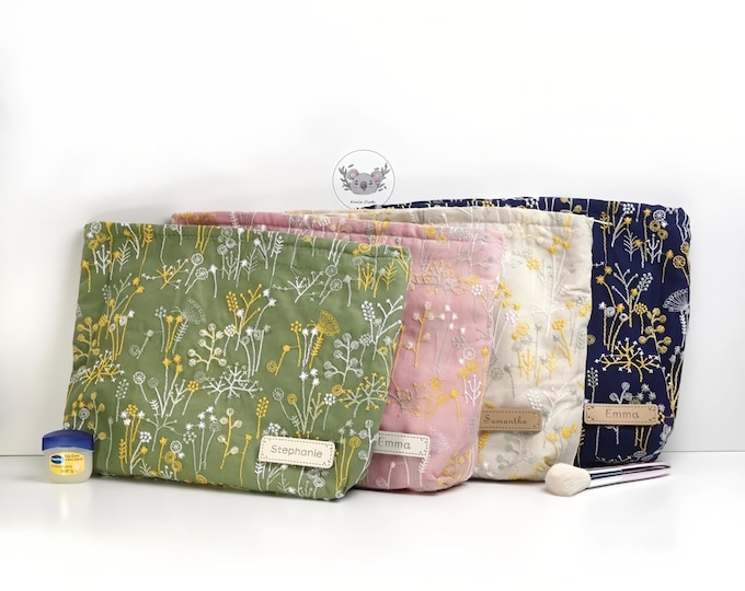 Personalized Floral Embroidered Makeup Bag, Custom Cosmetic Travel Pouch