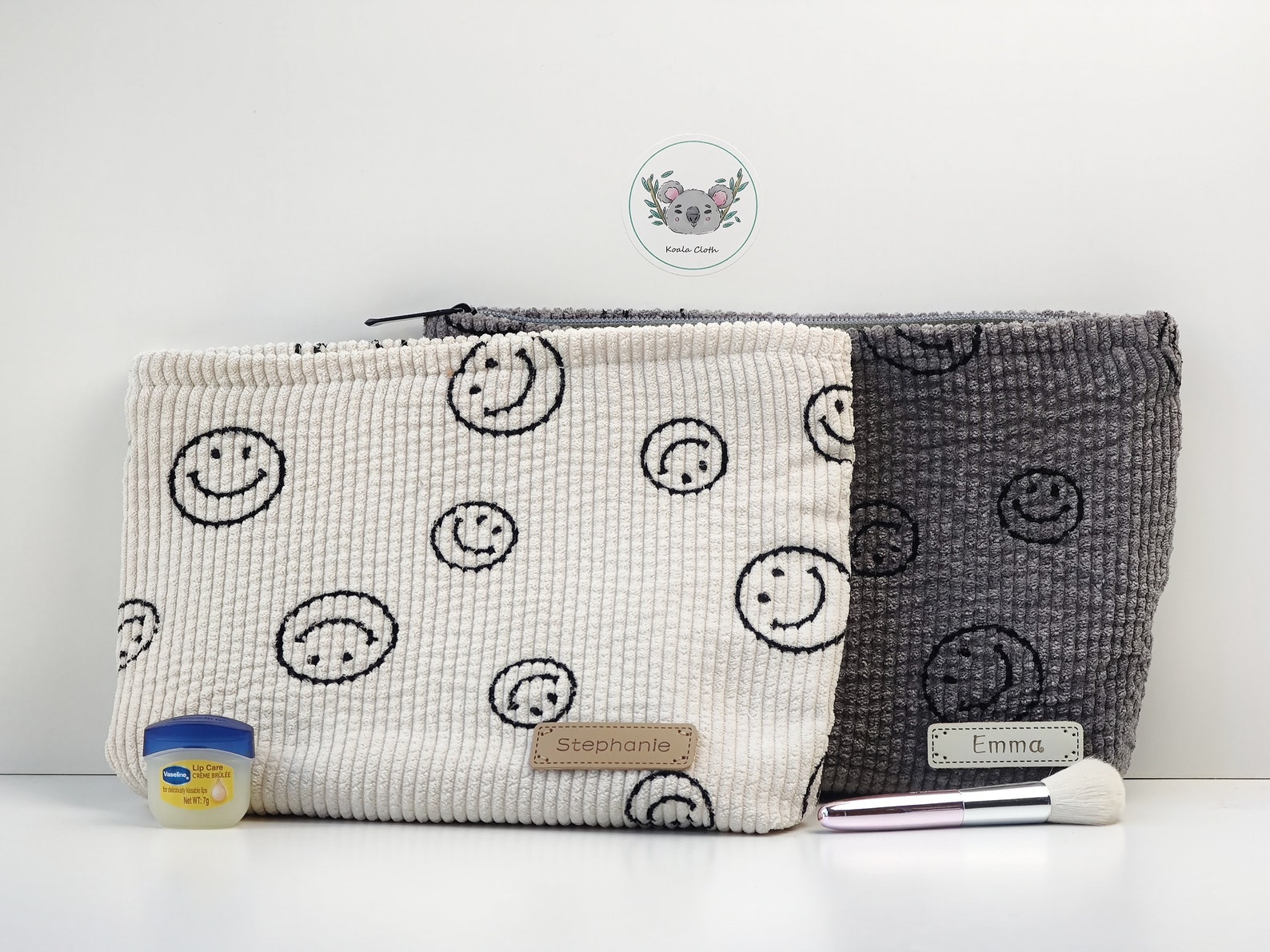 Personalized Smiley Face Corduroy Makeup Bag for Her Custom Etsy
