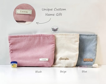 Custom Name Makeup Bag Personalized Corduroy Cosmetic Organizer For Mum Vintage Zipper Pouch Bridesmaid Gift Make Up Bag Large Toiletry Bag