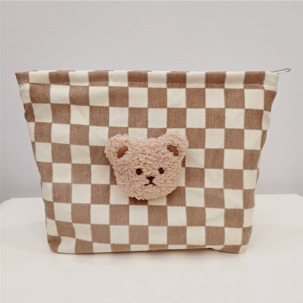 Cute Bear Makeup Bag & Drawstring Bag Corduroy Checkered Zipper Pouch Special Birthday Gift Large Pencil Case Cartoon Cosmetic Organizer