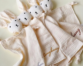 Personalized Baby Comforter, Embroidered Muslin Bunny Lovey