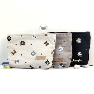 Bolsa de maquillaje con nombre personalizado y gato bordado Estuche para lápices personalizado Lindo organizador de cosméticos Estuche grande con cremallera Monedero lindo Neceser
