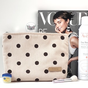 Bolsa de maquillaje de pana con lunares personalizada, organizador de cosméticos vintage con nombre personalizado, bolsa de viaje con cremallera