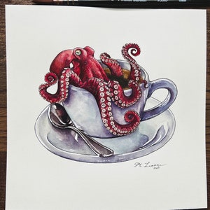 Octopus Coffee Fine Art Print, Watercolor Art, Original Artwork, Painting, Illustration