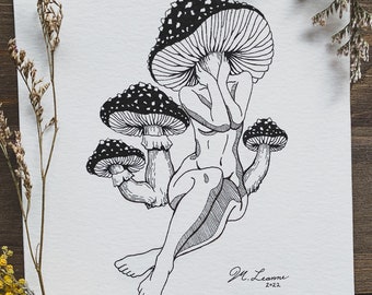 Lady Mushroom Fine Art Print, Pen and Ink Drawing, Original Art Print, Mushroom Art, Nature Art, Mushroom Print, Illustration Art