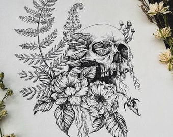Overgrown Skull Fine Art Print, Pen and Ink Drawing, Original Art Print, Skull Art, Nature Art, Nature Illustration Print,