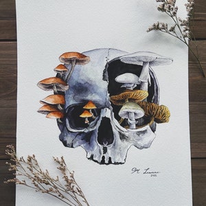 Impression d'art Harbingers, peinture à l'aquarelle, impression d'art originale, art champignon, tête de mort, art tête de mort, impression champignon, art de l'illustration