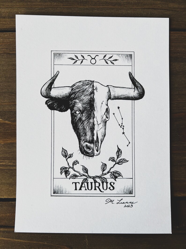 Taurus Ink Taurus Zodiac Sign Print, Tarot Card, Pen and Ink Drawing, Astrology ...