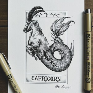 Impressão do signo do zodíaco de Capricórnio, carta de tarô, desenho com caneta e tinta, astrologia, arte original, arte do zodíaco, arte ilustrativa