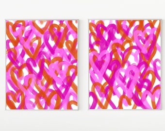 Pink and Orange Hearts Preppy Wall Art | Pink and Orange Wall Art