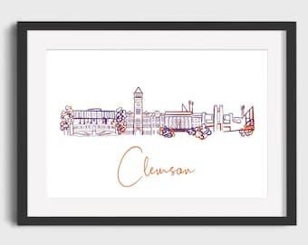 Clemson University Wall Art | Orange and Purple Clemson University Print | Clemson Wall Art | Hand Drawn Clemson Print