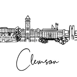 May include: Black and white line drawing of the Clemson skyline, featuring buildings, a clock tower, and trees. The word "Clemson" is written in cursive below the skyline. The image is on a white background.