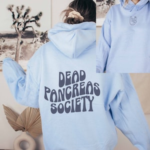 Dead Pancreas Society Hoodie, Type 1 Diabetes Awareness Shirt, Hoodies with Words on the Back, Bubbly Writing Hoodies, Wear Blue in November